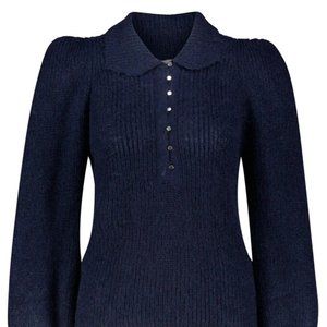 BA&SH Puff Sleeve Collared Mohair Wool Knit Blue Sweater, S (1)